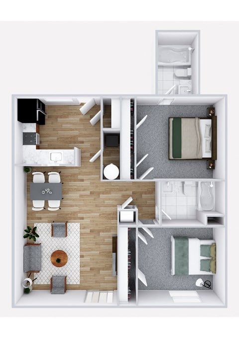Floor plan for 2 beds, 2 baths, 950 sqft